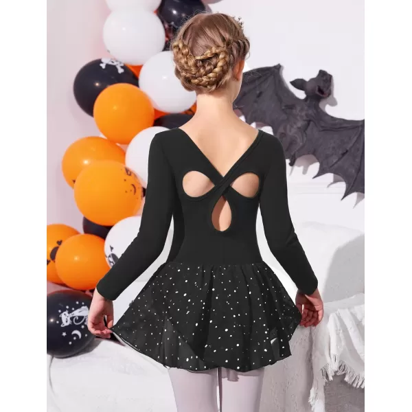 Arshiner Girls Long Sleeve Ballet Leotards with Skirt Kids Hollow Back Shiny Dance Dresses