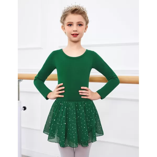 Arshiner Girls Long Sleeve Ballet Leotards with Skirt Kids Hollow Back Shiny Dance Dresses