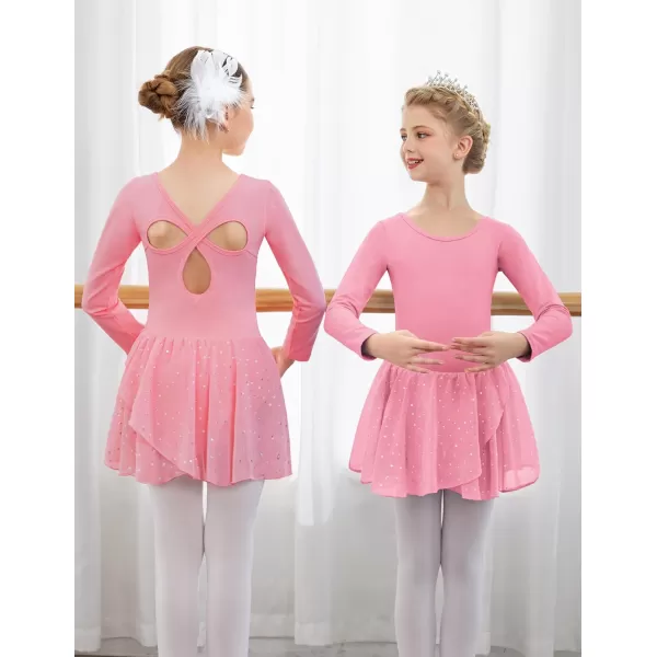 Arshiner Girls Long Sleeve Ballet Leotards with Skirt Kids Hollow Back Shiny Dance Dresses