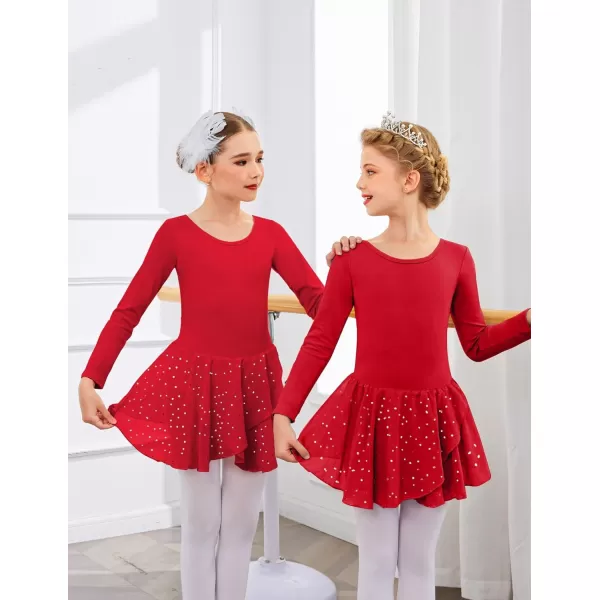 Arshiner Girls Long Sleeve Ballet Leotards with Skirt Kids Hollow Back Shiny Dance Dresses