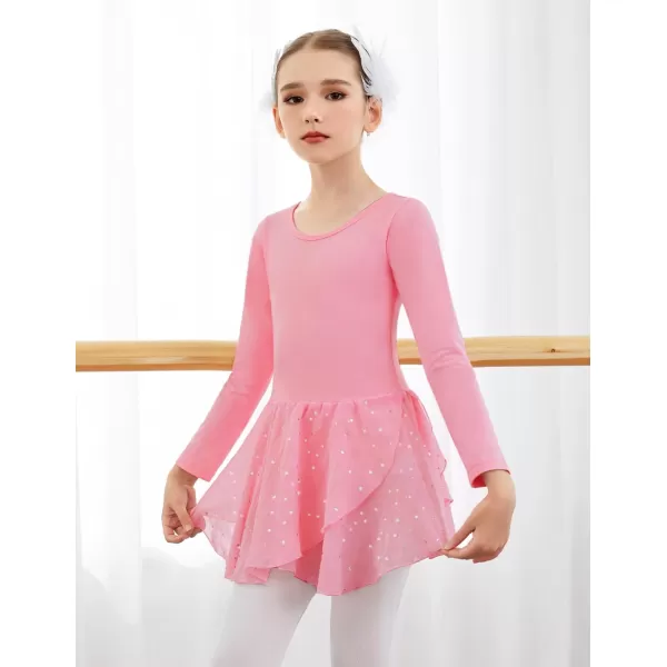 Arshiner Girls Long Sleeve Ballet Leotards with Skirt Kids Hollow Back Shiny Dance Dresses