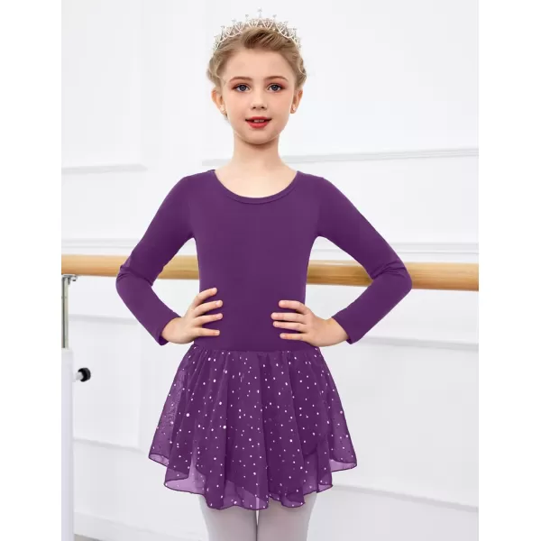 Arshiner Girls Long Sleeve Ballet Leotards with Skirt Kids Hollow Back Shiny Dance Dresses