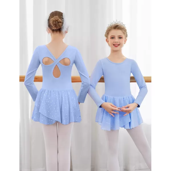 Arshiner Girls Long Sleeve Ballet Leotards with Skirt Kids Hollow Back Shiny Dance Dresses