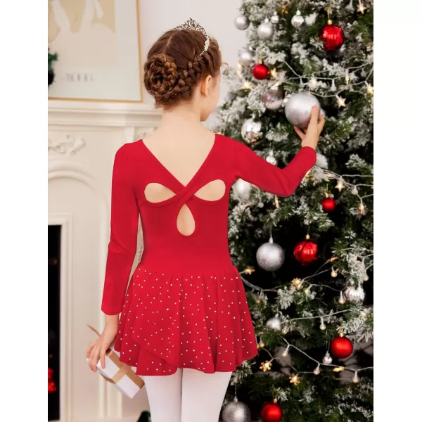 Arshiner Girls Long Sleeve Ballet Leotards with Skirt Kids Hollow Back Shiny Dance Dresses