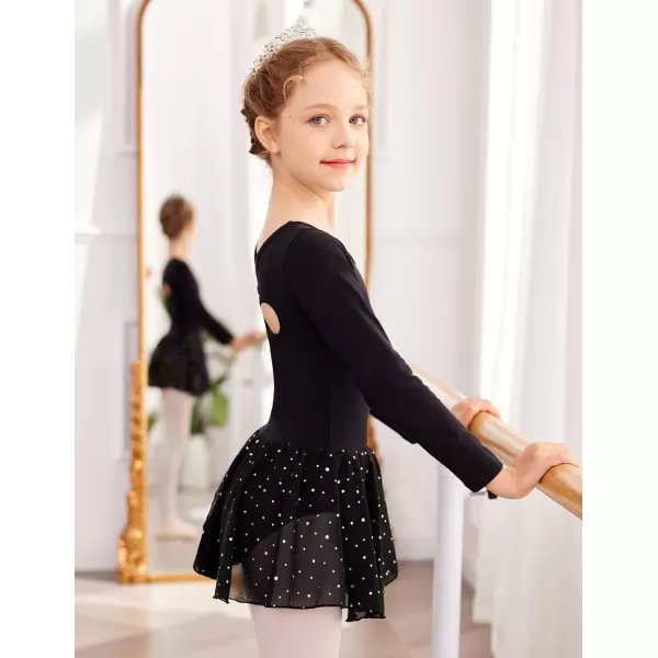Arshiner Girls Long Sleeve Ballet Leotards with Skirt Kids Hollow Back Shiny Dance Dresses