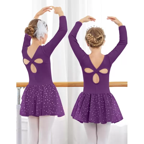 Arshiner Girls Long Sleeve Ballet Leotards with Skirt Kids Hollow Back Shiny Dance Dresses