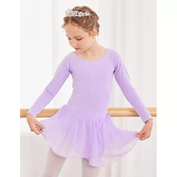 Arshiner Girls Long Sleeve Ballet Leotards with Skirt Kids Hollow Back Shiny Dance Dresses