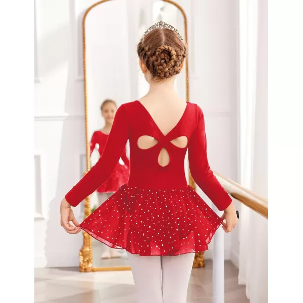 Arshiner Girls Long Sleeve Ballet Leotards with Skirt Kids Hollow Back Shiny Dance Dresses
