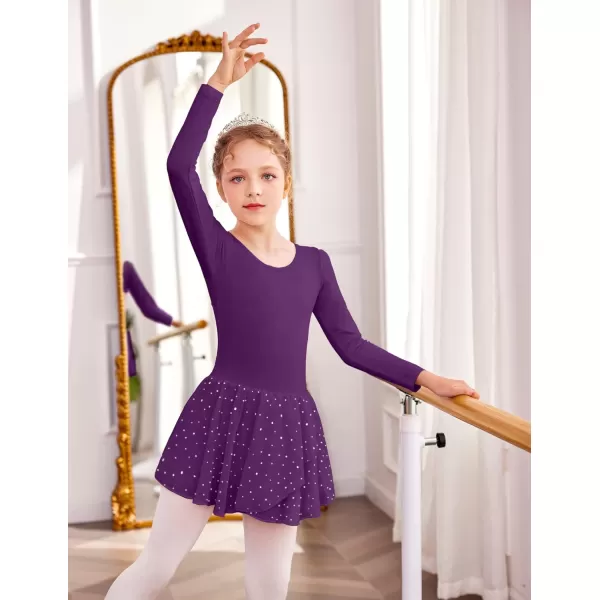 Arshiner Girls Long Sleeve Ballet Leotards with Skirt Kids Hollow Back Shiny Dance Dresses