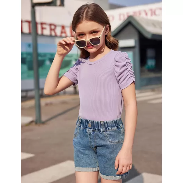 Arshiner Girls Puff Short Sleeve Shirts Summer Ribbed Knit Crewneck T Shirt Tops Tee Blouse