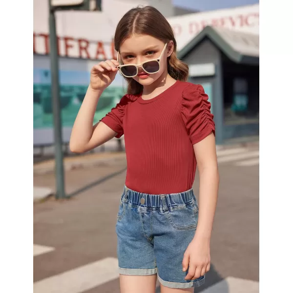 Arshiner Girls Puff Short Sleeve Shirts Summer Ribbed Knit Crewneck T Shirt Tops Tee Blouse