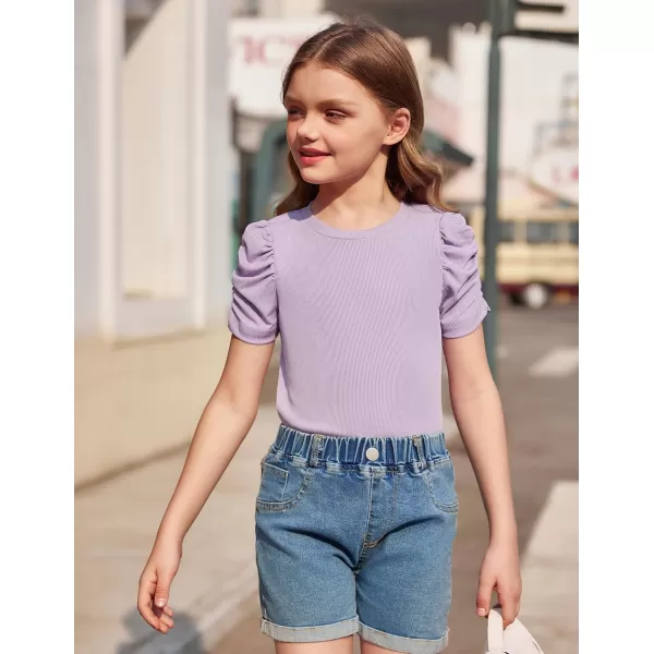 Arshiner Girls Puff Short Sleeve Shirts Summer Ribbed Knit Crewneck T Shirt Tops Tee Blouse