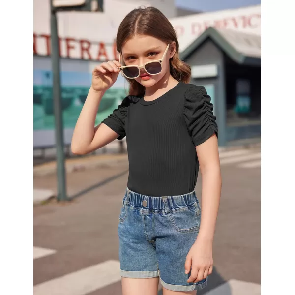 Arshiner Girls Puff Short Sleeve Shirts Summer Ribbed Knit Crewneck T Shirt Tops Tee Blouse