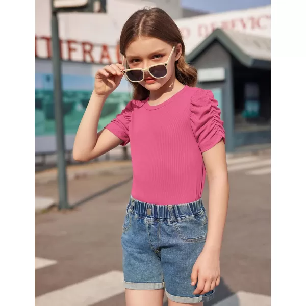 Arshiner Girls Puff Short Sleeve Shirts Summer Ribbed Knit Crewneck T Shirt Tops Tee Blouse