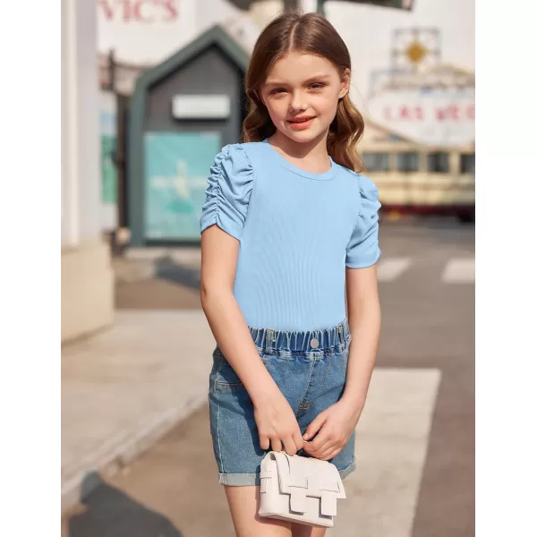 Arshiner Girls Puff Short Sleeve Shirts Summer Ribbed Knit Crewneck T Shirt Tops Tee Blouse