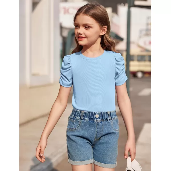 Arshiner Girls Puff Short Sleeve Shirts Summer Ribbed Knit Crewneck T Shirt Tops Tee Blouse
