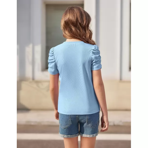 Arshiner Girls Puff Short Sleeve Shirts Summer Ribbed Knit Crewneck T Shirt Tops Tee Blouse