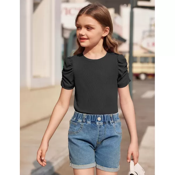 Arshiner Girls Puff Short Sleeve Shirts Summer Ribbed Knit Crewneck T Shirt Tops Tee Blouse