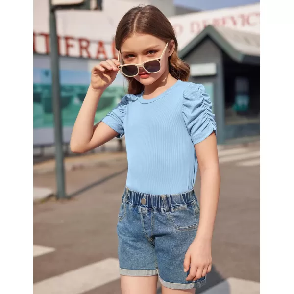 Arshiner Girls Puff Short Sleeve Shirts Summer Ribbed Knit Crewneck T Shirt Tops Tee Blouse
