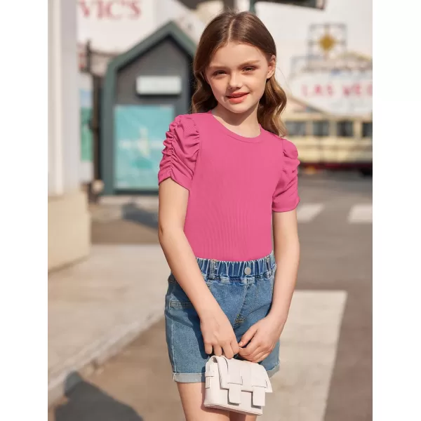 Arshiner Girls Puff Short Sleeve Shirts Summer Ribbed Knit Crewneck T Shirt Tops Tee Blouse