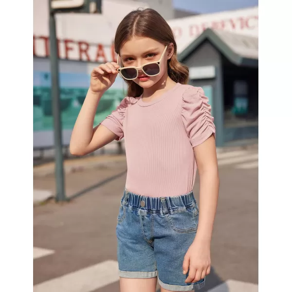 Arshiner Girls Puff Short Sleeve Shirts Summer Ribbed Knit Crewneck T Shirt Tops Tee Blouse