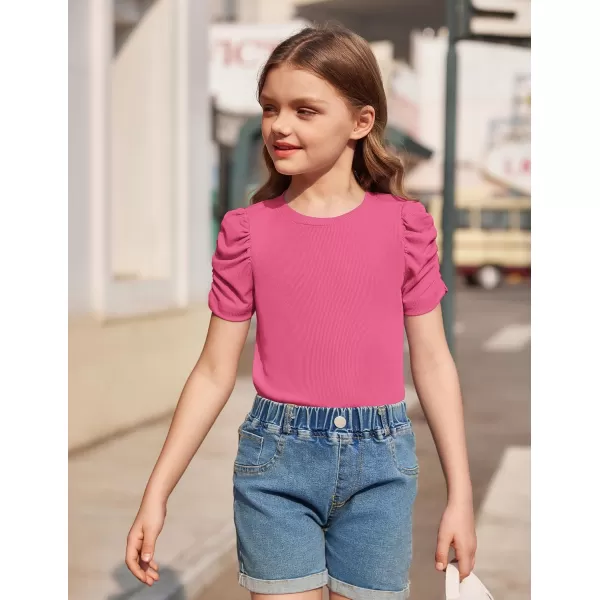 Arshiner Girls Puff Short Sleeve Shirts Summer Ribbed Knit Crewneck T Shirt Tops Tee Blouse
