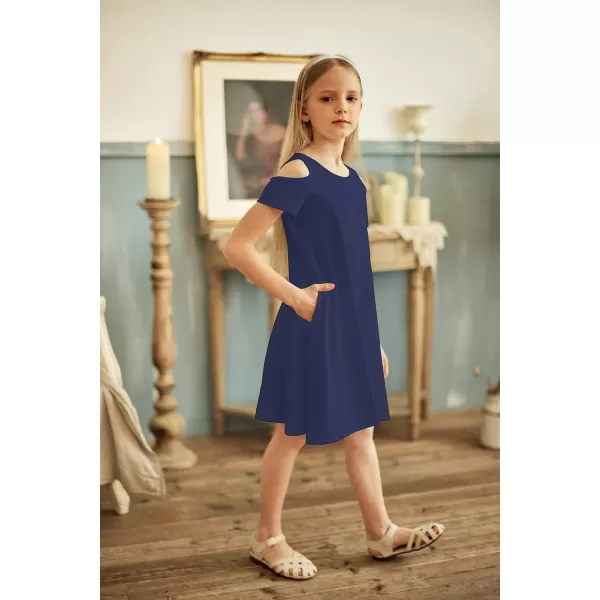 Arshiner Girls Summer Dress Short Sleeve Cold Shoulder Solid Color Swing Casual Dresses with Pockets