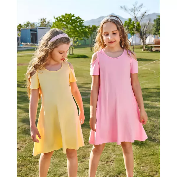 Arshiner Girls Summer Dress Short Sleeve Cold Shoulder Solid Color Swing Casual Dresses with Pockets