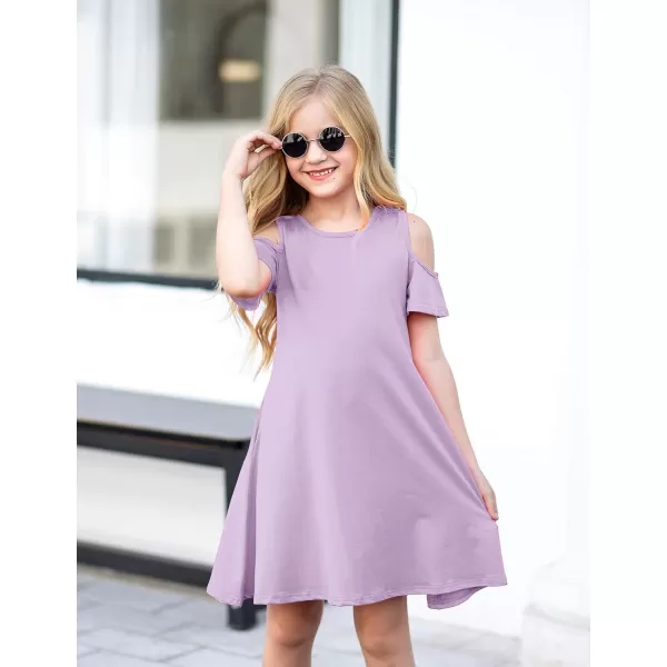 Arshiner Girls Summer Dress Short Sleeve Cold Shoulder Solid Color Swing Casual Dresses with Pockets