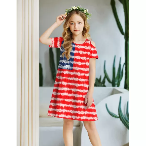 Arshiner Girls Summer Dress Short Sleeve Cold Shoulder Solid Color Swing Casual Dresses with Pockets