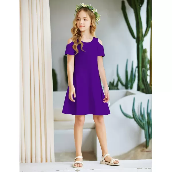 Arshiner Girls Summer Dress Short Sleeve Cold Shoulder Solid Color Swing Casual Dresses with Pockets