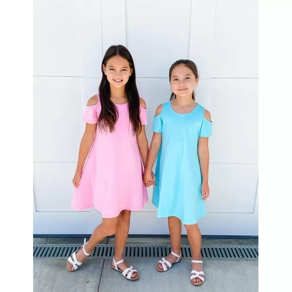 Arshiner Girls Summer Dress Short Sleeve Cold Shoulder Solid Color Swing Casual Dresses with Pockets