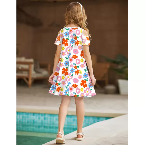 Arshiner Girls Summer Dress Short Sleeve Cold Shoulder Solid Color Swing Casual Dresses with Pockets