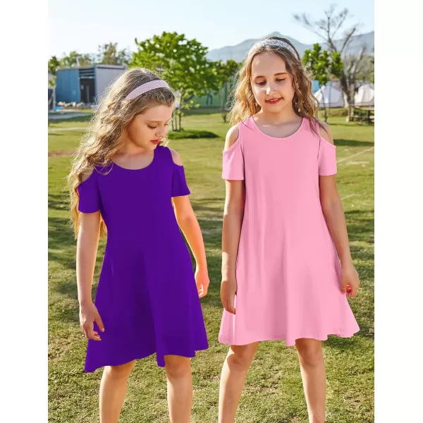Arshiner Girls Summer Dress Short Sleeve Cold Shoulder Solid Color Swing Casual Dresses with Pockets
