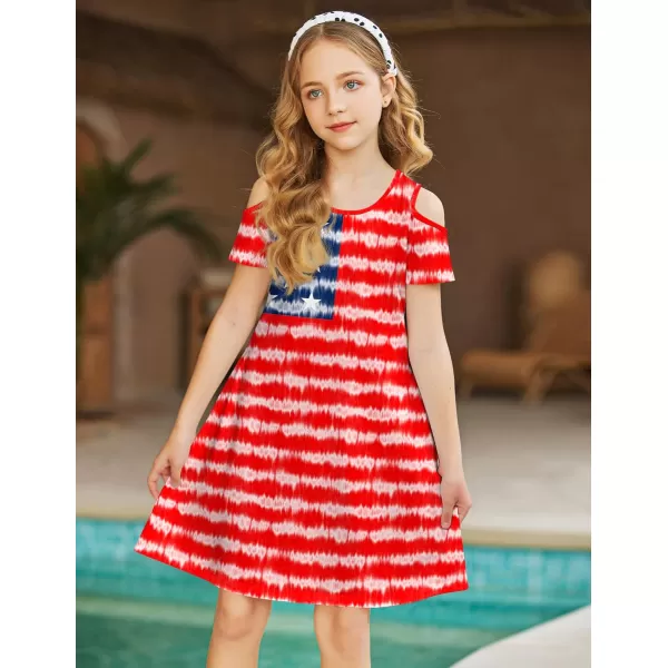 Arshiner Girls Summer Dress Short Sleeve Cold Shoulder Solid Color Swing Casual Dresses with Pockets