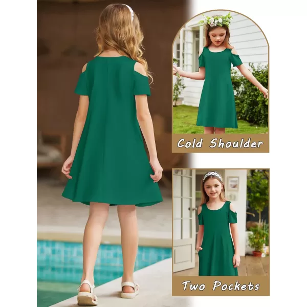 Arshiner Girls Summer Dress Short Sleeve Cold Shoulder Solid Color Swing Casual Dresses with Pockets