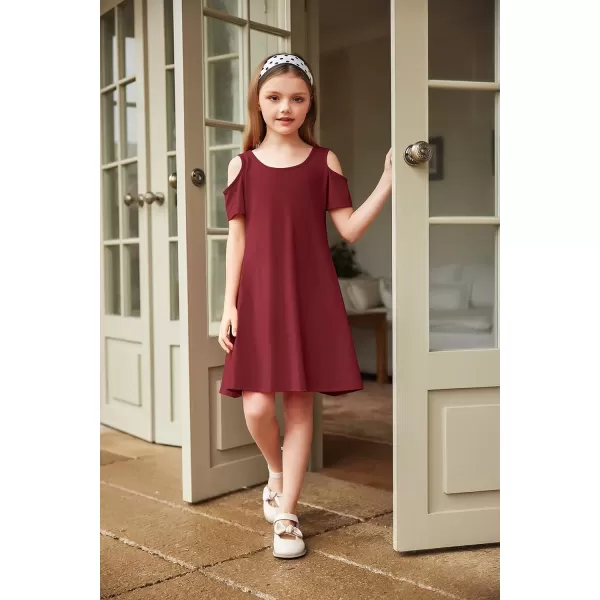 Arshiner Girls Summer Dress Short Sleeve Cold Shoulder Solid Color Swing Casual Dresses with Pockets