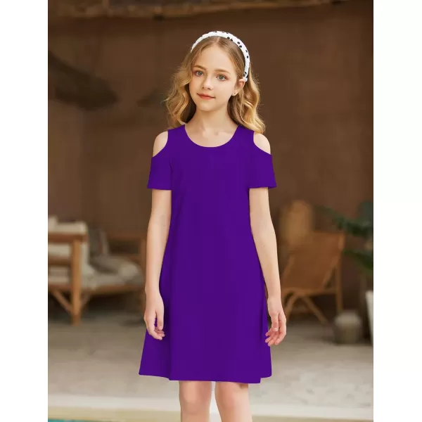 Arshiner Girls Summer Dress Short Sleeve Cold Shoulder Solid Color Swing Casual Dresses with Pockets