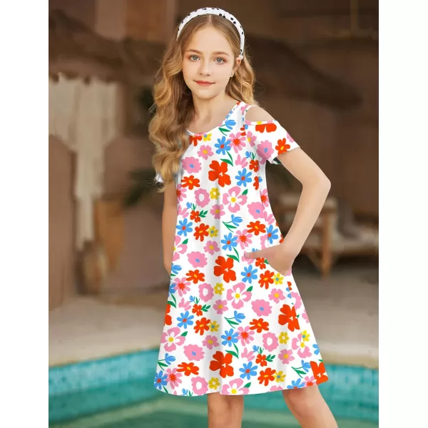 Arshiner Girls Summer Dress Short Sleeve Cold Shoulder Solid Color Swing Casual Dresses with Pockets