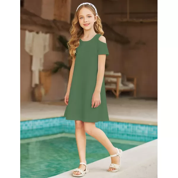 Arshiner Girls Summer Dress Short Sleeve Cold Shoulder Solid Color Swing Casual Dresses with Pockets