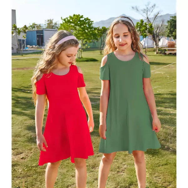 Arshiner Girls Summer Dress Short Sleeve Cold Shoulder Solid Color Swing Casual Dresses with Pockets