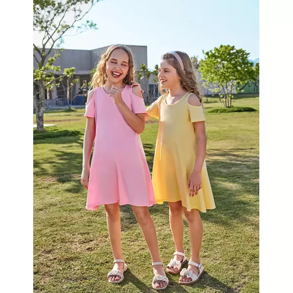 Arshiner Girls Summer Dress Short Sleeve Cold Shoulder Solid Color Swing Casual Dresses with Pockets