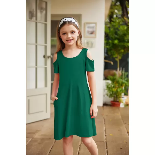 Arshiner Girls Summer Dress Short Sleeve Cold Shoulder Solid Color Swing Casual Dresses with Pockets