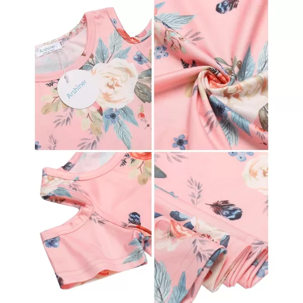 Arshiner Girls Summer Dress Short Sleeve Cold Shoulder Solid Color Swing Casual Dresses with Pockets