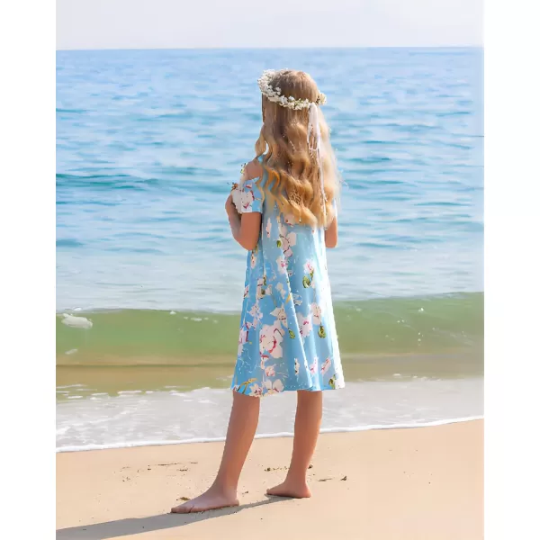Arshiner Girls Summer Dress Short Sleeve Cold Shoulder Solid Color Swing Casual Dresses with Pockets