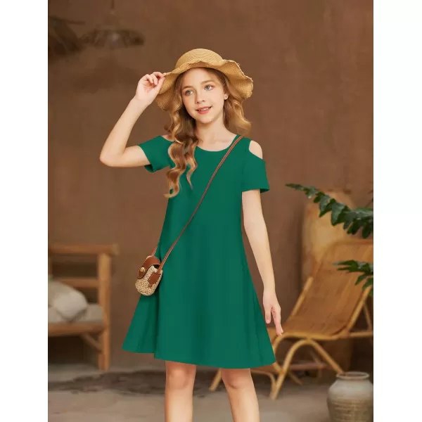Arshiner Girls Summer Dress Short Sleeve Cold Shoulder Solid Color Swing Casual Dresses with Pockets