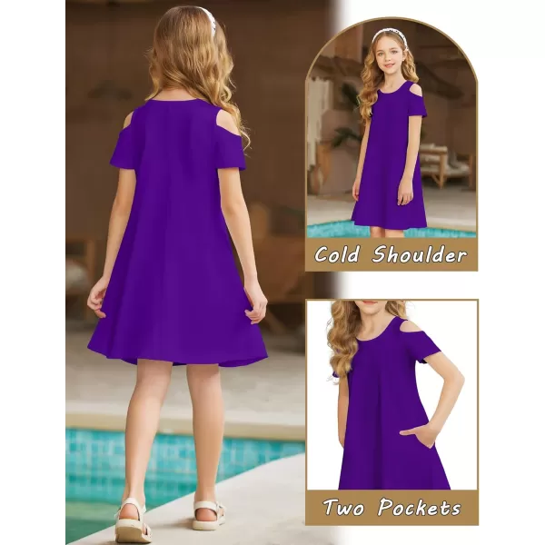 Arshiner Girls Summer Dress Short Sleeve Cold Shoulder Solid Color Swing Casual Dresses with Pockets
