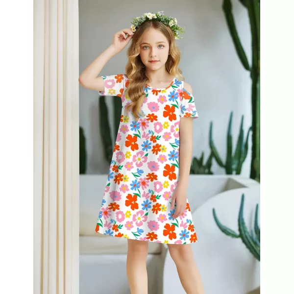 Arshiner Girls Summer Dress Short Sleeve Cold Shoulder Solid Color Swing Casual Dresses with Pockets