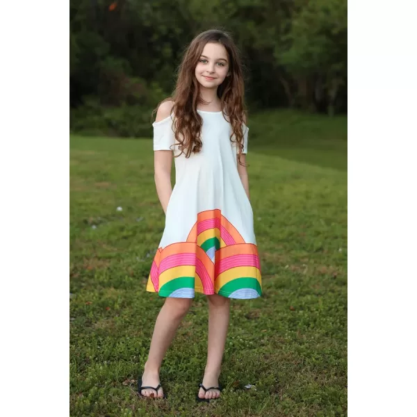 Arshiner Girls Summer Dress Short Sleeve Cold Shoulder Solid Color Swing Casual Dresses with Pockets