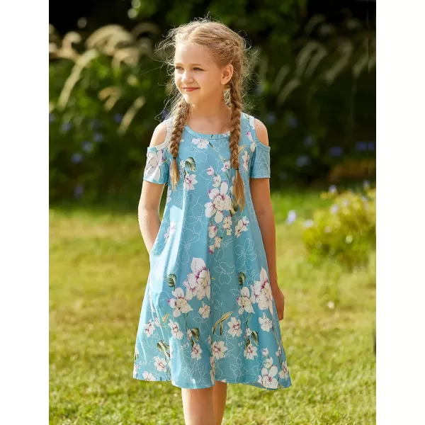 Arshiner Girls Summer Dress Short Sleeve Cold Shoulder Solid Color Swing Casual Dresses with Pockets